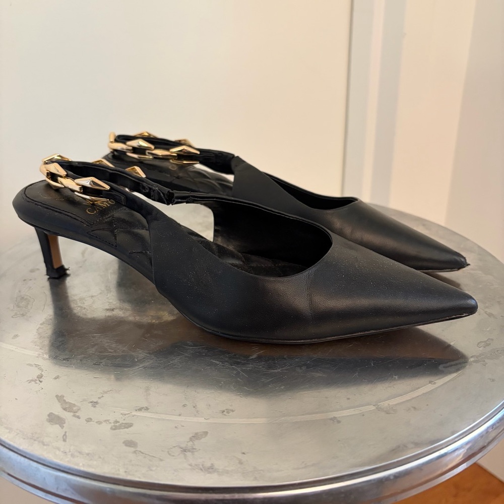 Vince Camuto Black Pointed Toe Slingback Flats with Gold Buckle - Picture 3 of 4